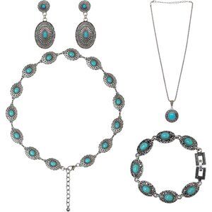 Vintage Turquoise Jewelry Set with Necklace, Dangle Earrings & Waist Chain
